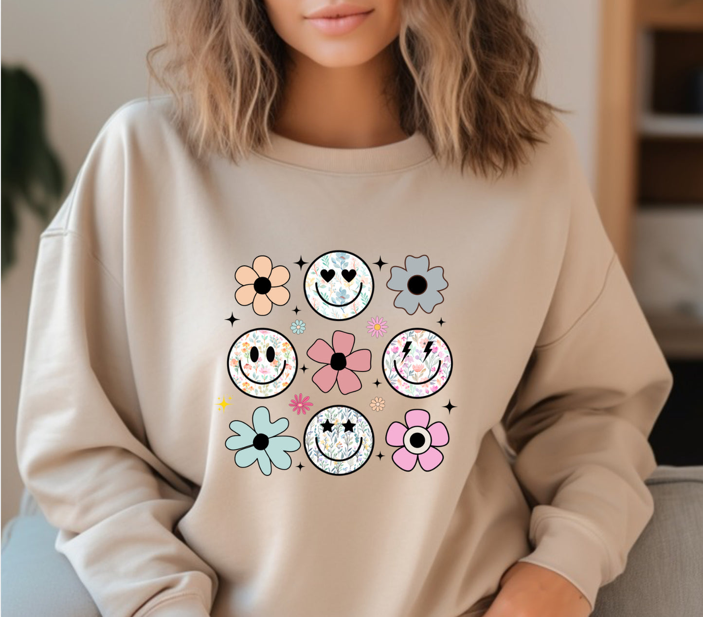 Happy face and flowers sweatshirt